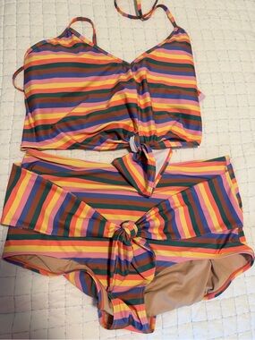 Kortni Jeane swim Retrostripe Tied up top & tie up front bottoms both 2xl new!